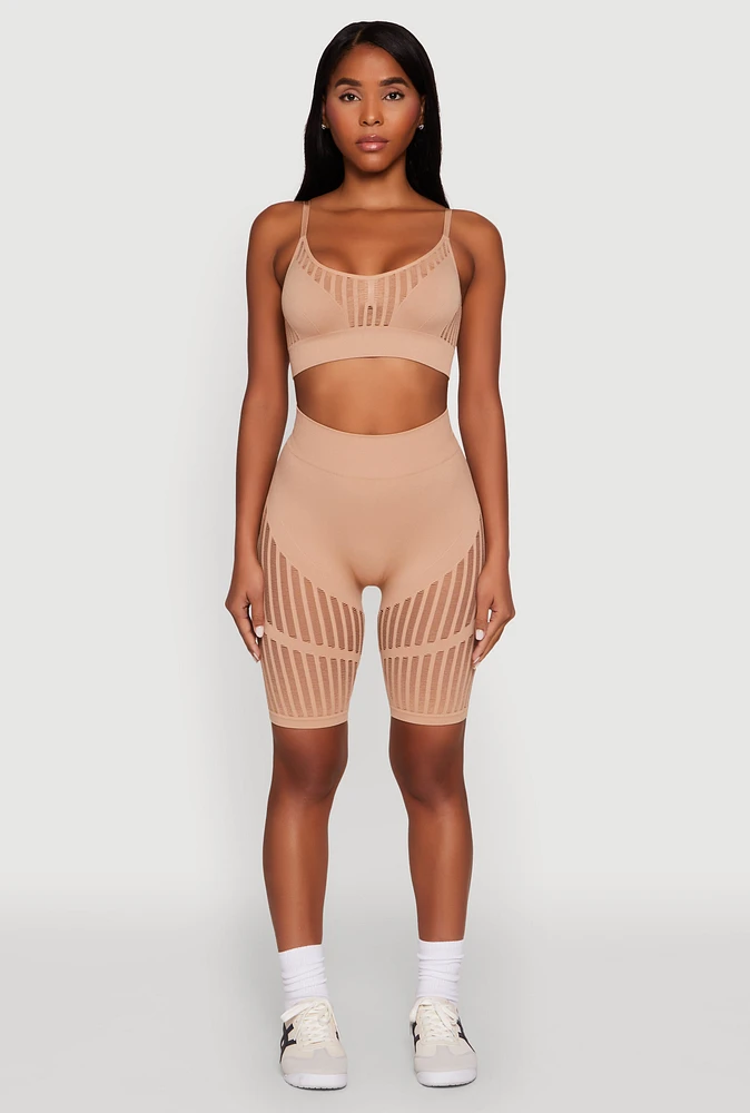 Womens Seamless Laser Cut Biker Shorts, Khaki, Size S-M