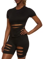 Womens Laser Cut Hanky Hem Crop Top, Black, Size L