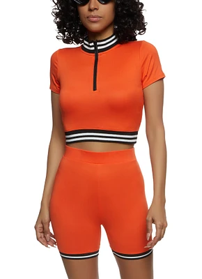 Womens Striped Trim Half Zip Crop Top, Orange, Size M