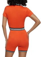 Womens Striped Trim Half Zip Crop Top, Orange, Size M