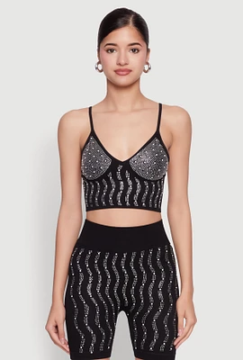 Womens Seamless Rhinestone Faux Pearl Crop Top,