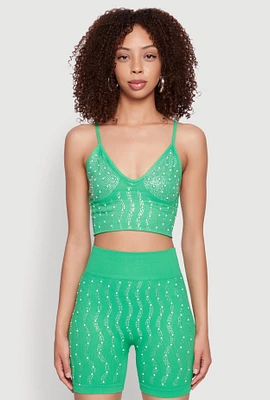 Womens Seamless Rhinestone Faux Pearl Crop Top, Green, Size S-M