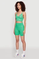 Womens Seamless Rhinestone Faux Pearl Crop Top, Green, Size S-M