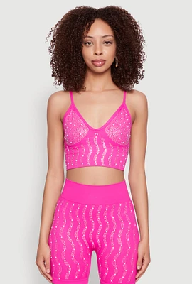 Womens Seamless Rhinestone Faux Pearl Crop Top, Pink, Size S-M
