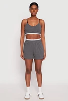 Womens Contrast Trim Smocked Hem Crop Top, Grey, Size L