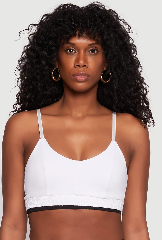 Womens Contrast Trim Smocked Hem Crop Top, White,