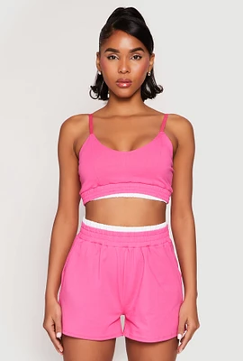 Womens Contrast Trim Smocked Hem Crop Top, Pink, Size L