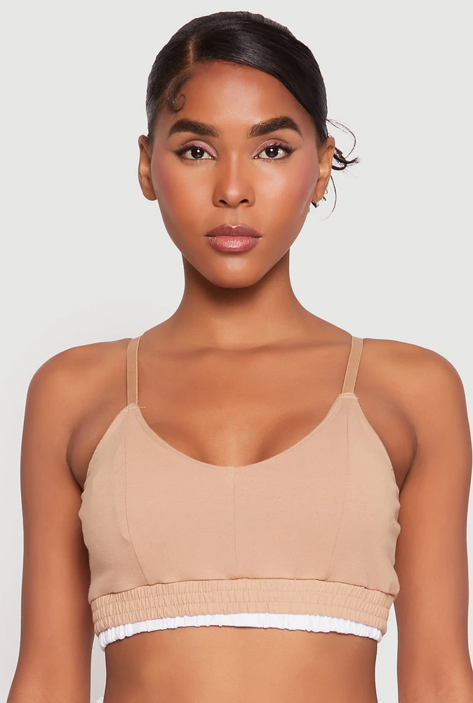 Womens Contrast Trim Smocked Hem Crop Top,