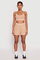 Womens Contrast Trim Smocked Hem Crop Top, Beige, Size L