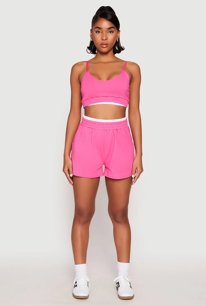 Womens Contrast Elastic Trim High Waist Shorts, Pink,