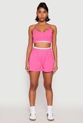 Womens Contrast Elastic Trim High Waist Shorts, Pink,