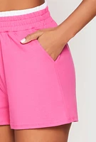 Womens Contrast Elastic Trim High Waist Shorts, Pink, Size L