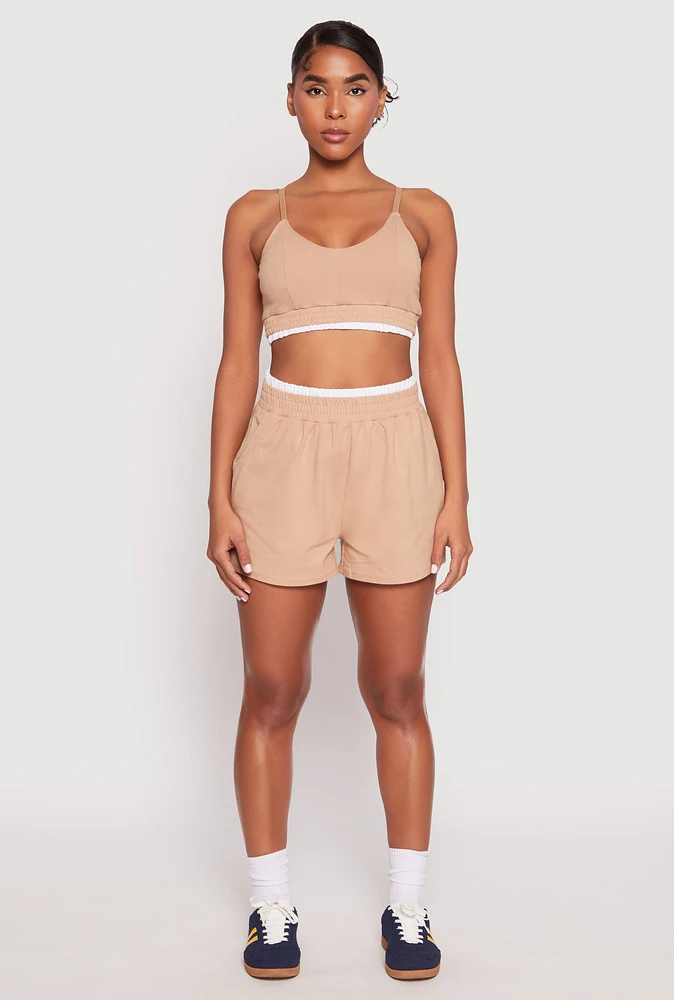 Womens Contrast Elastic Trim High Waist Shorts, Khaki,