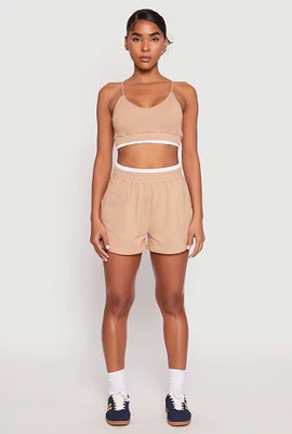 Womens Contrast Elastic Trim High Waist Shorts, Khaki,