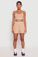 Womens Contrast Elastic Trim High Waist Shorts, Khaki,
