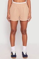 Womens Contrast Elastic Trim High Waist Shorts, Khaki,