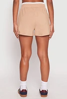 Womens Contrast Elastic Trim High Waist Shorts, Khaki,