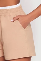 Womens Contrast Elastic Trim High Waist Shorts, Khaki,