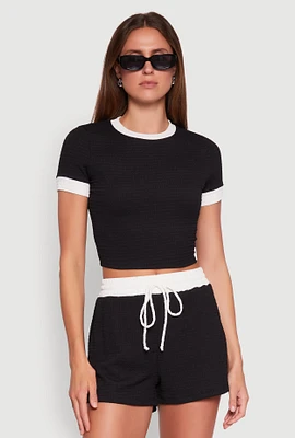Womens Textured Knit Crew Neck Crop Top,