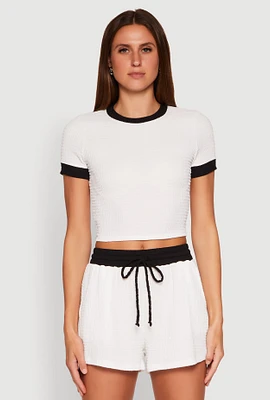 Womens Textured Knit Crew Neck Crop Top, White,