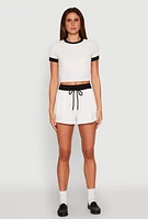 Womens Textured Knit Crew Neck Crop Top, White,