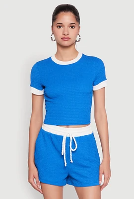 Womens Textured Knit Crew Neck Crop Top, Blue,