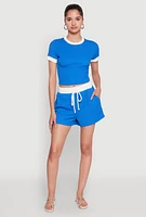 Womens Textured Knit Crew Neck Crop Top, Blue,