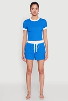 Womens Textured Knit Crew Neck Crop Top, Blue,