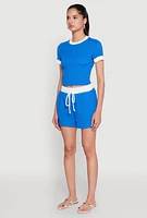Womens Textured Knit Crew Neck Crop Top, Blue,