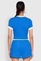 Womens Textured Knit Crew Neck Crop Top, Blue,