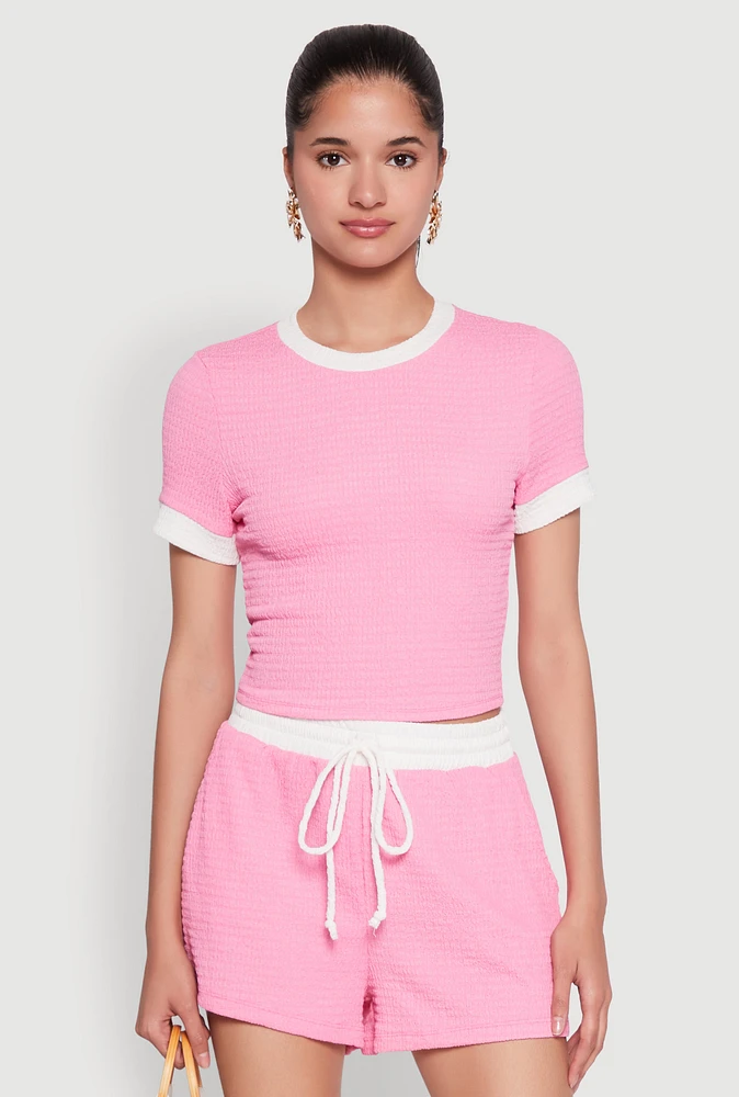 Womens Textured Knit Crew Neck Crop Top, Pink, Size M