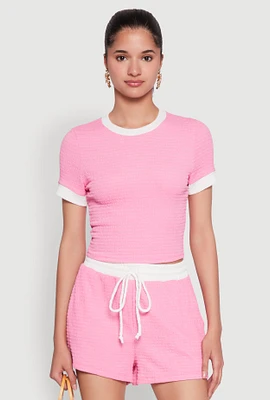 Womens Textured Knit Crew Neck Crop Top, Pink, Size M