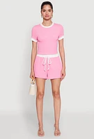 Womens Textured Knit Crew Neck Crop Top, Pink, Size M