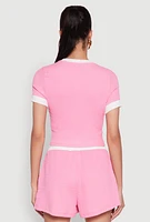 Womens Textured Knit Crew Neck Crop Top, Pink, Size M