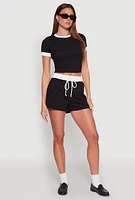 Womens Contrast Trim Drawstring Waist Shorts, Black, Size XL