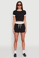 Womens Contrast Trim Drawstring Waist Shorts, Black, Size XL