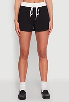 Womens Contrast Trim Drawstring Waist Shorts, Black, Size XL