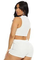 Womens Ribbed Mock Neck Cut Out Crop Top, White, Size M