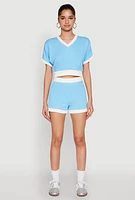 Womens Contrast Trim Crop Top, Blue,