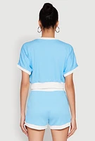 Womens Contrast Trim Crop Top, Blue,
