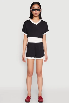 Womens Contrast Trim Varsity Striped Shorts,
