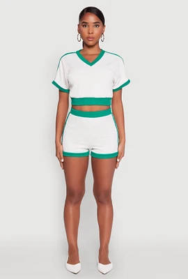 Womens Contrast Trim Varsity Striped Shorts, White, Size S
