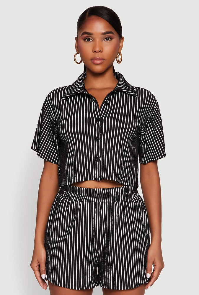 Womens Textured Knit Striped Cropped Shirt, Black, Size S