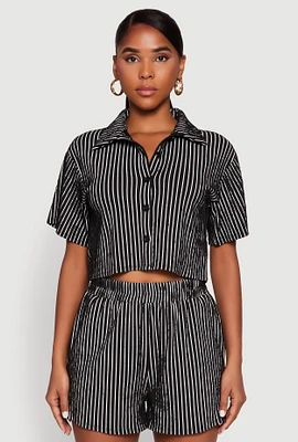 Womens Textured Knit Striped Cropped Shirt, Black, Size S