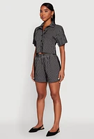 Womens Textured Knit Striped Cropped Shirt, Black, Size S