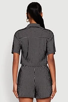 Womens Textured Knit Striped Cropped Shirt, Black, Size S