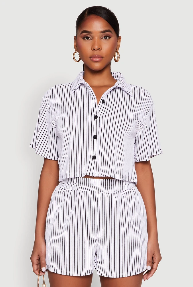 Womens Textured Knit Striped Cropped Shirt, White, Size XL