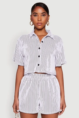Womens Textured Knit Striped Cropped Shirt, White, Size XL