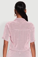 Womens Textured Knit Striped Cropped Shirt, Pink, Size L