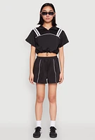 Womens Contrast Piping Varsity Stripe Detail Crop Top,